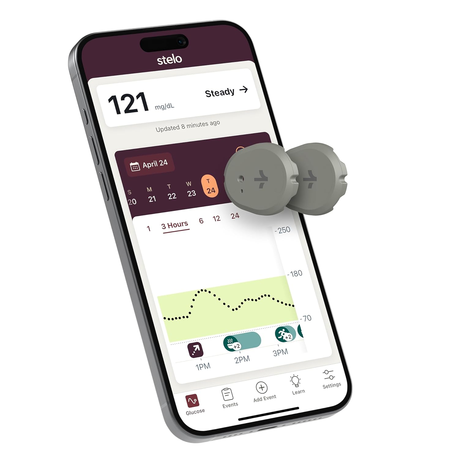 Dexcom Stelo glucose biosensor 2-pack with app showing glucose trends